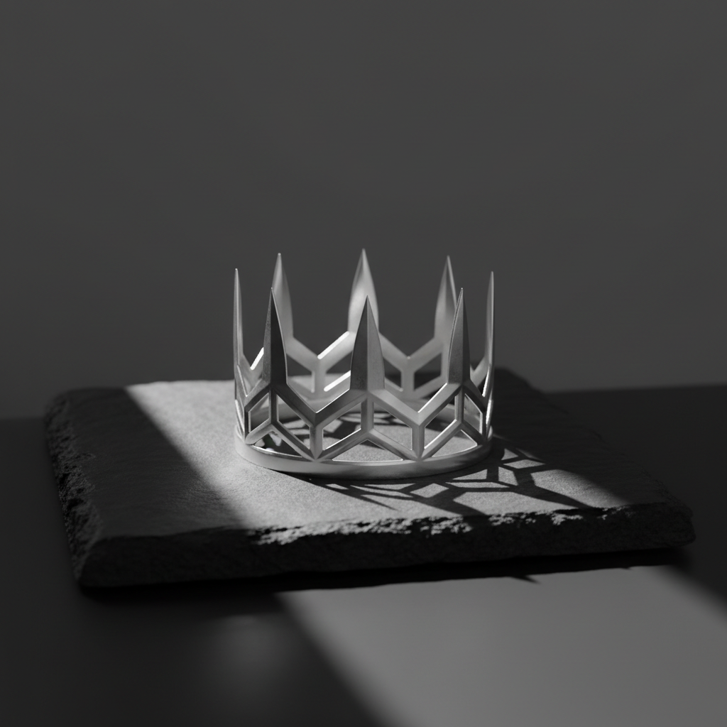 A delicately forged, silver metal crown with intricate, angular designs, resting alone on a smooth, matte black stone slab. The background is neutral and featureless, pulling the viewer's eye to the luminous surface and sharp geometric contours of the crown. A strong beam of light slices across from the left, casting sharp, crisp shadows that heighten the regal shapes. The mood is commanding and victorious, reflecting strength through adversity. Composed at eye level with centered framing, the photograph has razor-sharp focus throughout and a minimalist, high-contrast look, matching the bold, empowered spirit of the blog.